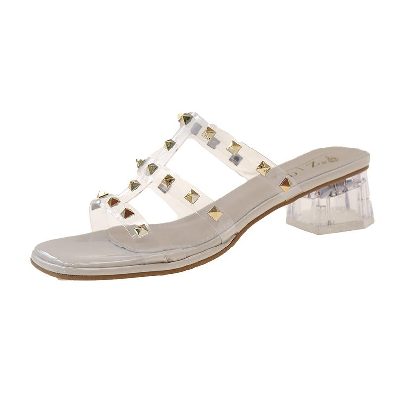 Fashion Hot Selling Shoes Woman's Slippers Transparent Heel Slides Fashion Med 2025 Luxury Summer Square heel Slipper Casual Shoe Woman