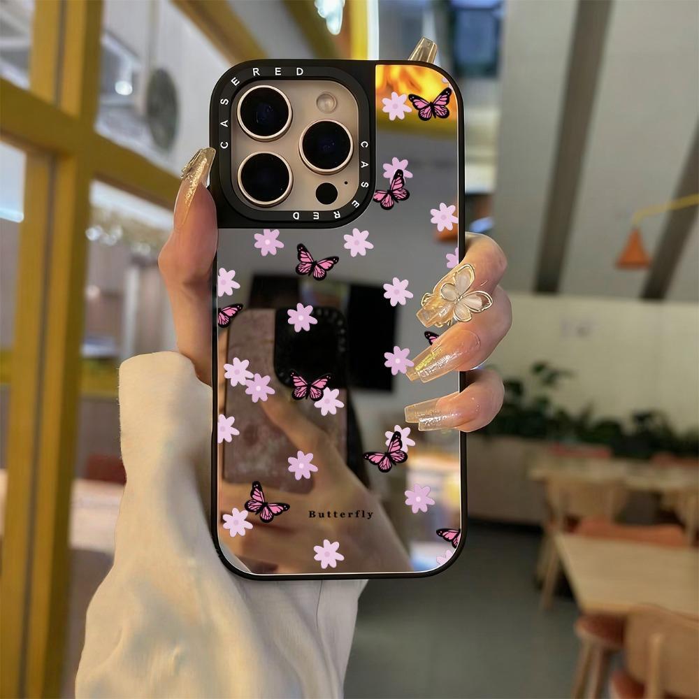 Pink butterfly floral printed mirror phone case suitable for iPhone 17 16 15 14 13 12 11 Pro/Max/Plus anti drop and shockproof