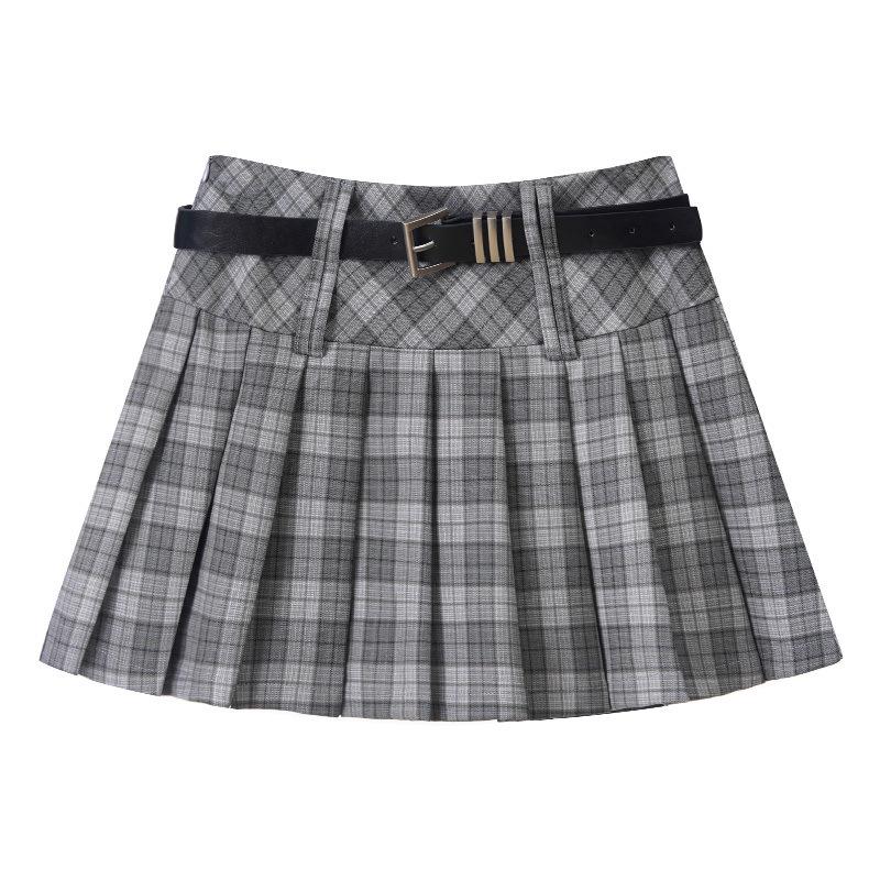 Women's American Retro Plaid High Waist Pleated Skirt - Early Autumn College Style, Anti-Exposure