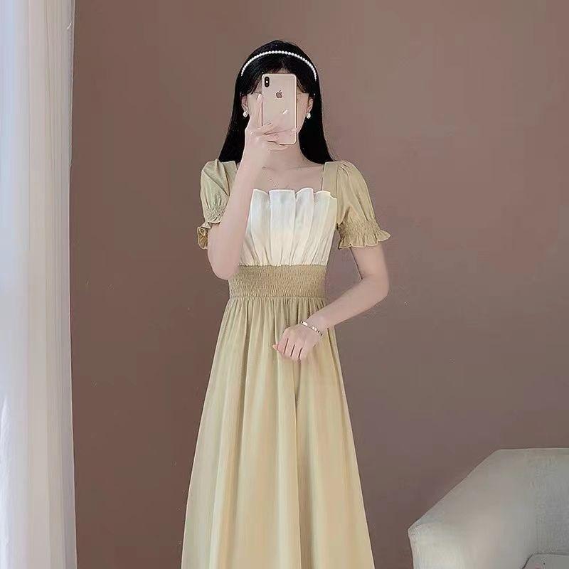 

Large size women s clothing gentle wind dress women s summer new fat sister looking thin, covering the stomach over the knee long skirt 2XL світло-жовтого кольору