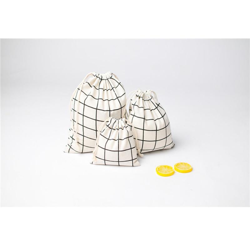 Cotton Linen Grid Storage Bag With Drawstring For Travel And Home Organization
