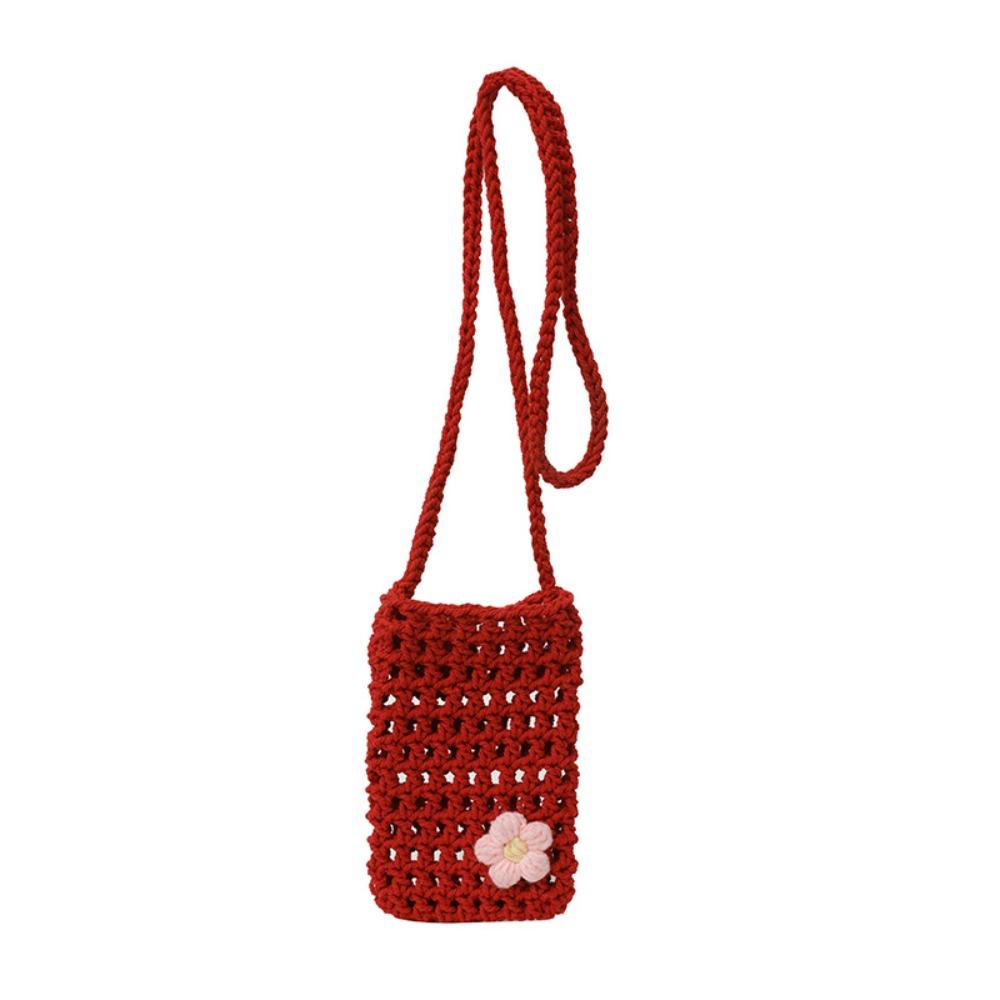 Sweet Flower Weaving Crossbody Bag Hollow Square Crochet Phone Bag Solid Handmade Knitted Messenger Bag Outdoor