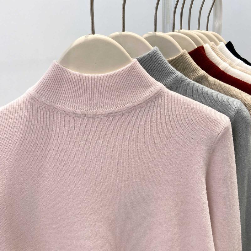 Angola red knitted bottoming shirt women's autumn and winter semi-turtleneck slim-fitting top soft waxy sweater