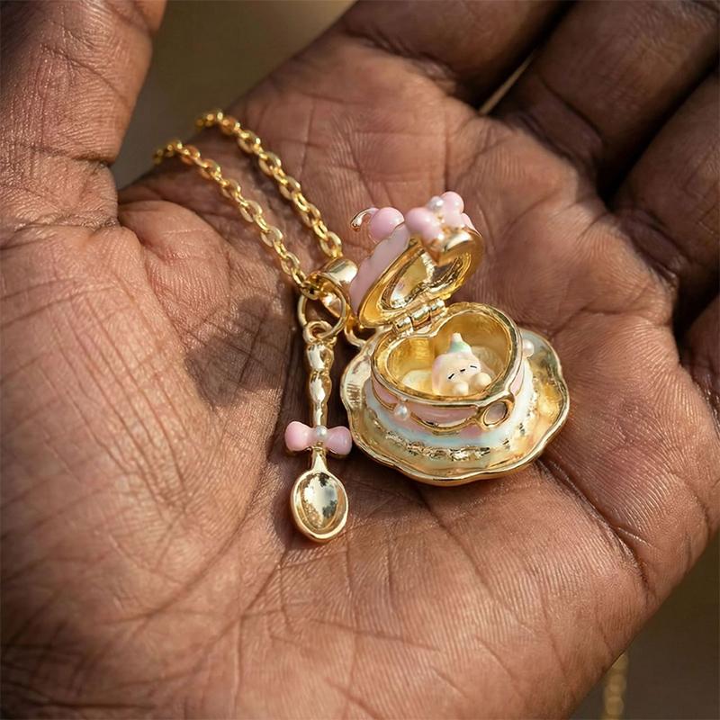 New Fashion Enamel Cup Teaspoon Box Open Pendant Necklace Sweet Clavicle Chain For Women Girls Birthday Gift Jewelry