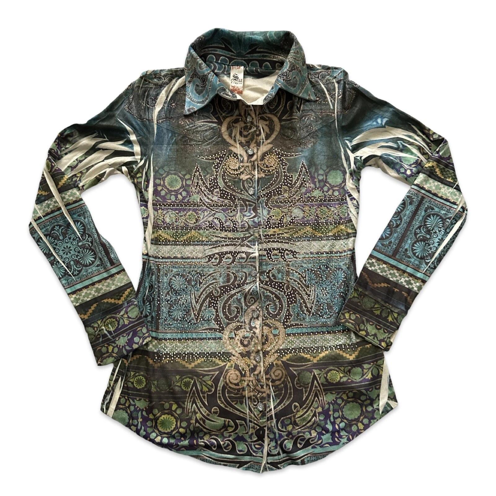 Y2K Grunge Tribal Floral Rhinestone Button Up Shirt Womens Size XXS 3XL