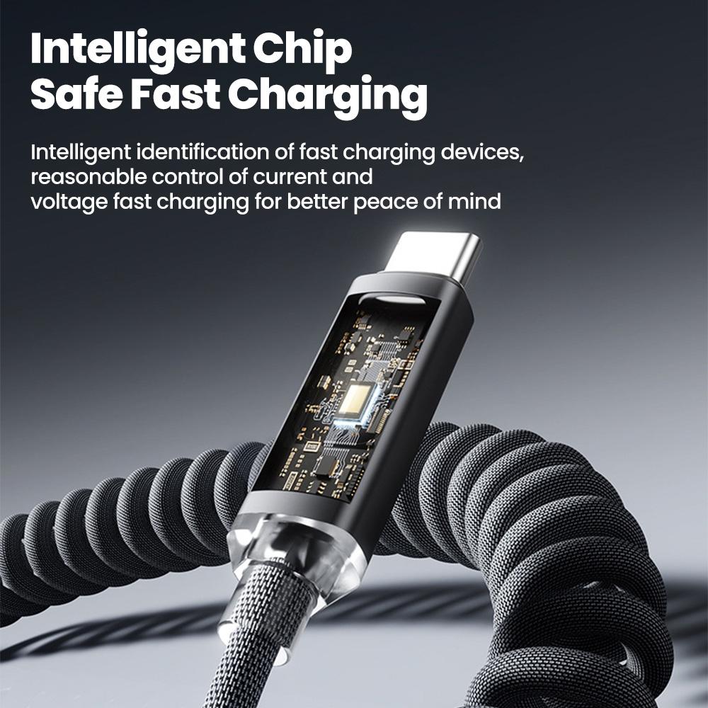 111W Car USB A to Type C Cable Spring Telescopic Fast Charging Cable USBC to C for iPhone 17 16 Samsung Xiaomi Huawei