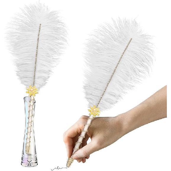 CROWN GUIDE Crystal Ostrich Feather Pen Quills for Wedding Guest Book Signing Nikkah 1920s Great Gatsby Reception Accessories Bridal Shower Party