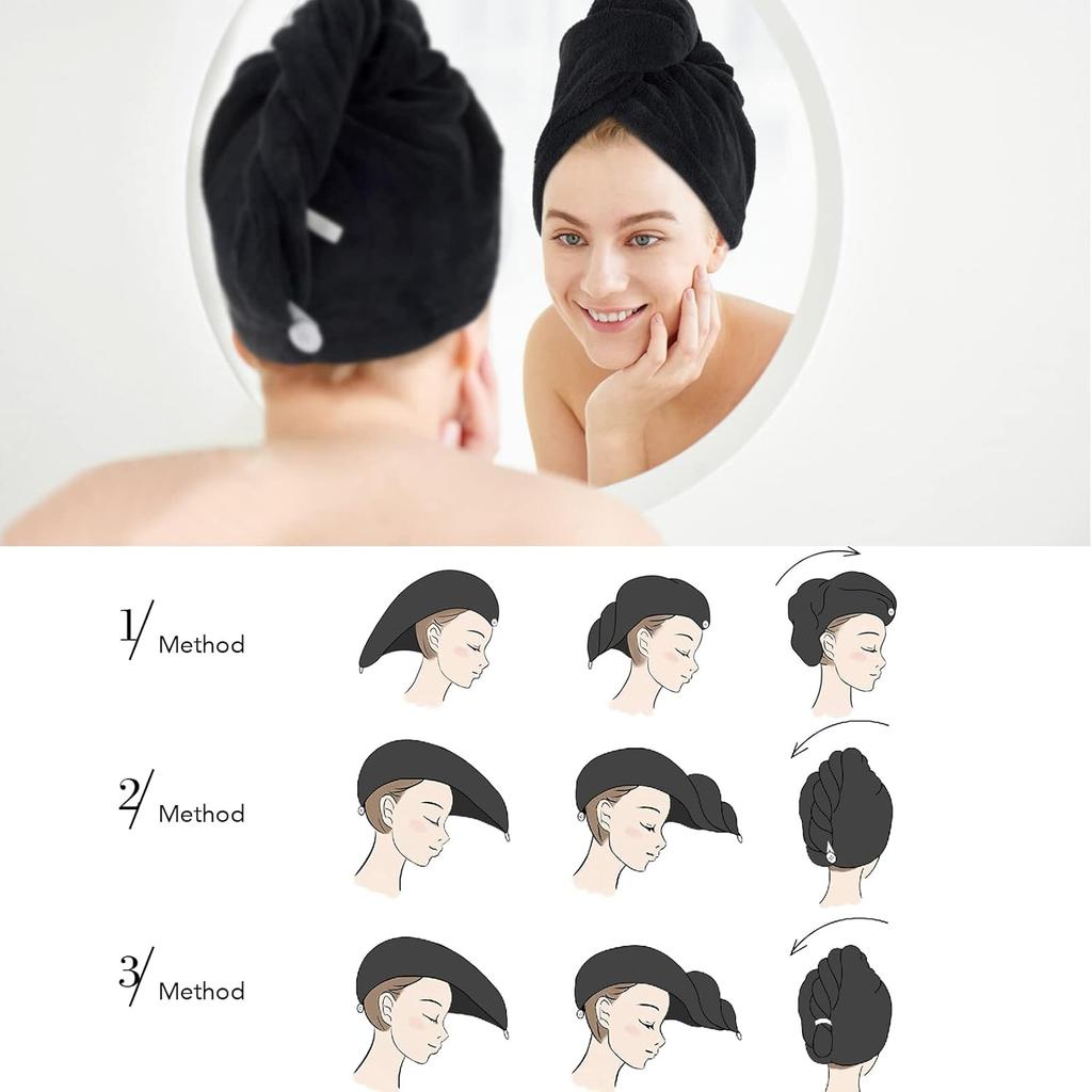 SINLAND Microfiber Hair Drying Cap Hair Towel Turban Twist for Women Fast Drying Towels Head Turban Absorbent Soft Lightweight 3 Pack Black