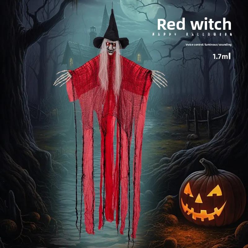 Halloween Decorations Hanging Witch with Motion Sensor Sound and Light Scary Red Dressed Witch Hanging Ghost for Spooky Party