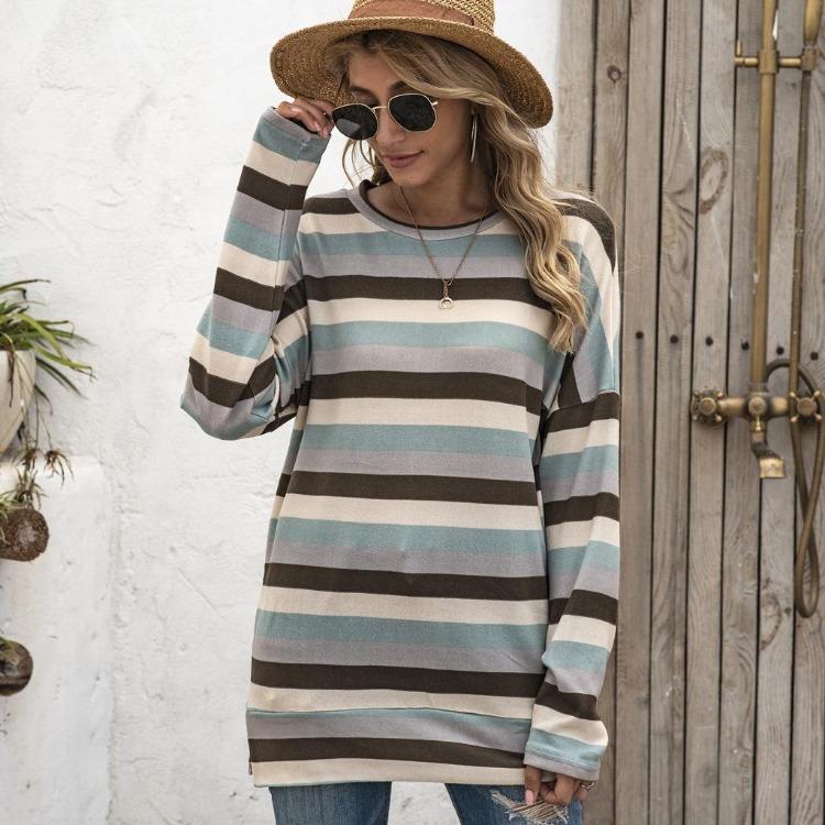 Oversize Women Loose Stripe Sweatshirt Sweater Round Neck Tshirt