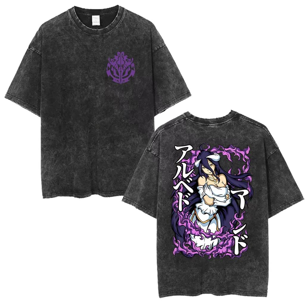 Unisex Retro Washed Summer Fashion Harajuku Y2K Streetwear Loose T‑shirt Printed with Albedo from Japanese Anime Overlord T-shirt