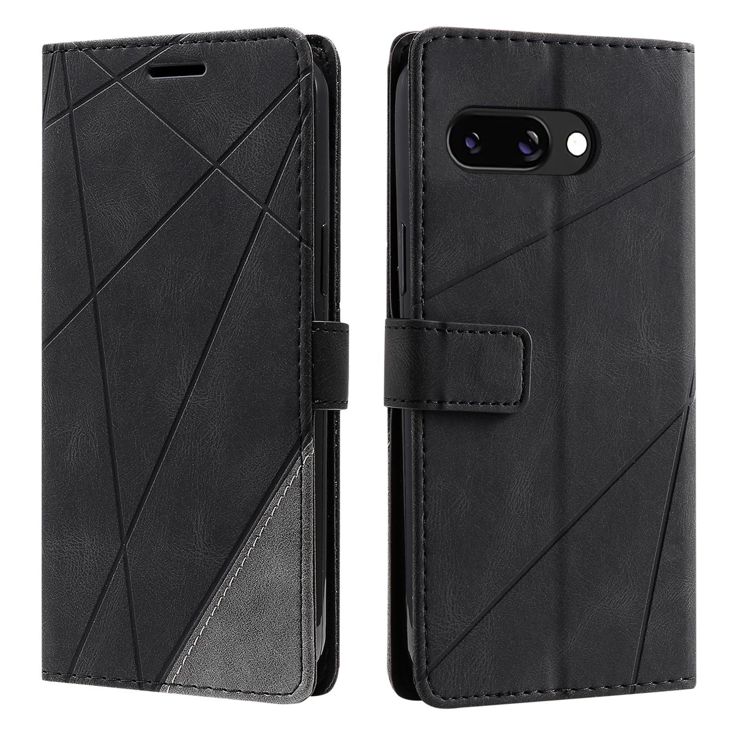 

For Google Pixel 9a Case Imprinted Lines PU Leather Splicing Wallet Phone Cover with Wrist Strap Black