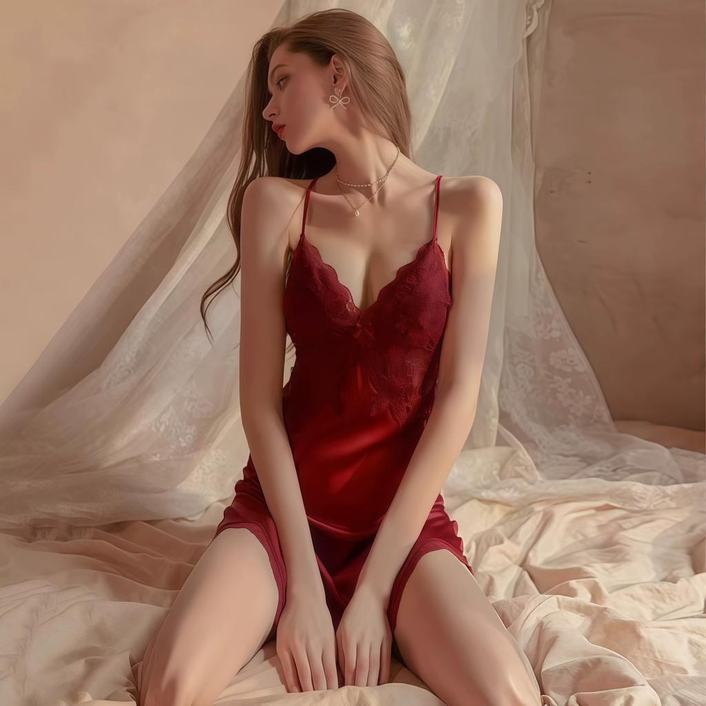 With Chest Pads Nightgowns Deep V Embroidery Lace Nightdress Womens Satin Lingerie Home Clothes Sleepwear Sexy Pajamas Nighty