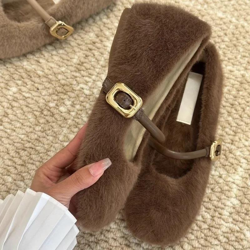 

Женские хлопковые туфли на плоской подошве Осень Зима Новые Остроносые Мягкая подошва Противоскользящие Одинарные туфли Роскошные Плюшевые Балетки Мэри Джейн 40 кофейный