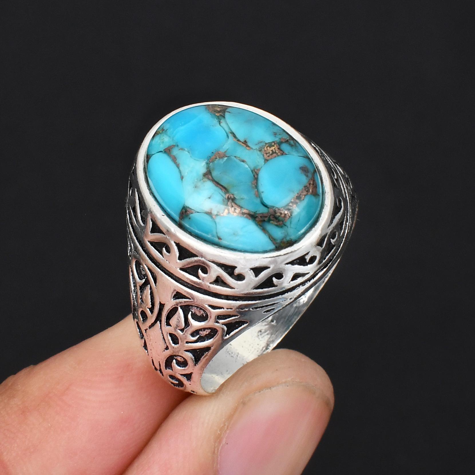 Винтажное Мужское Кольцо с Бирюзой Антикварный Дизайн Filigree из Стерлингового Серебра 925 Пробы Бохо Панк Стиль Заявление Ювелирное Изделие 6