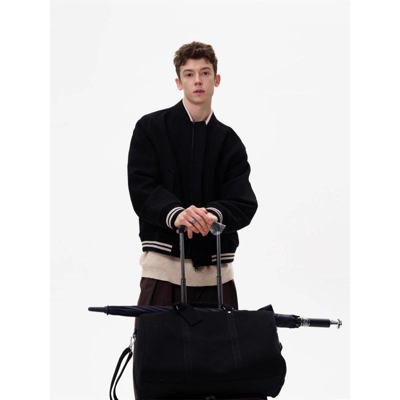 Unisex Retro Black Woolen Baseball Jacket - Heavyweight, Loose-Fit, Short, Casual Outerwear for Autumn/Winter