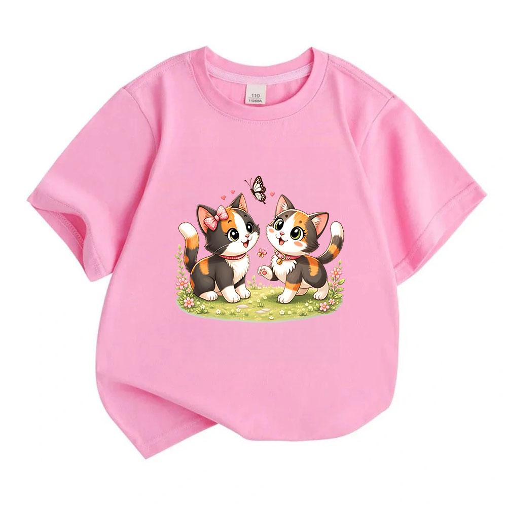 Kids Boys Girls 100% Cotton Crew Neck Short Sleeve T-Shirt, Cute Calico Cat Print with Butterfly Floral Pattern Casual Soft Breathable Summer Tops for