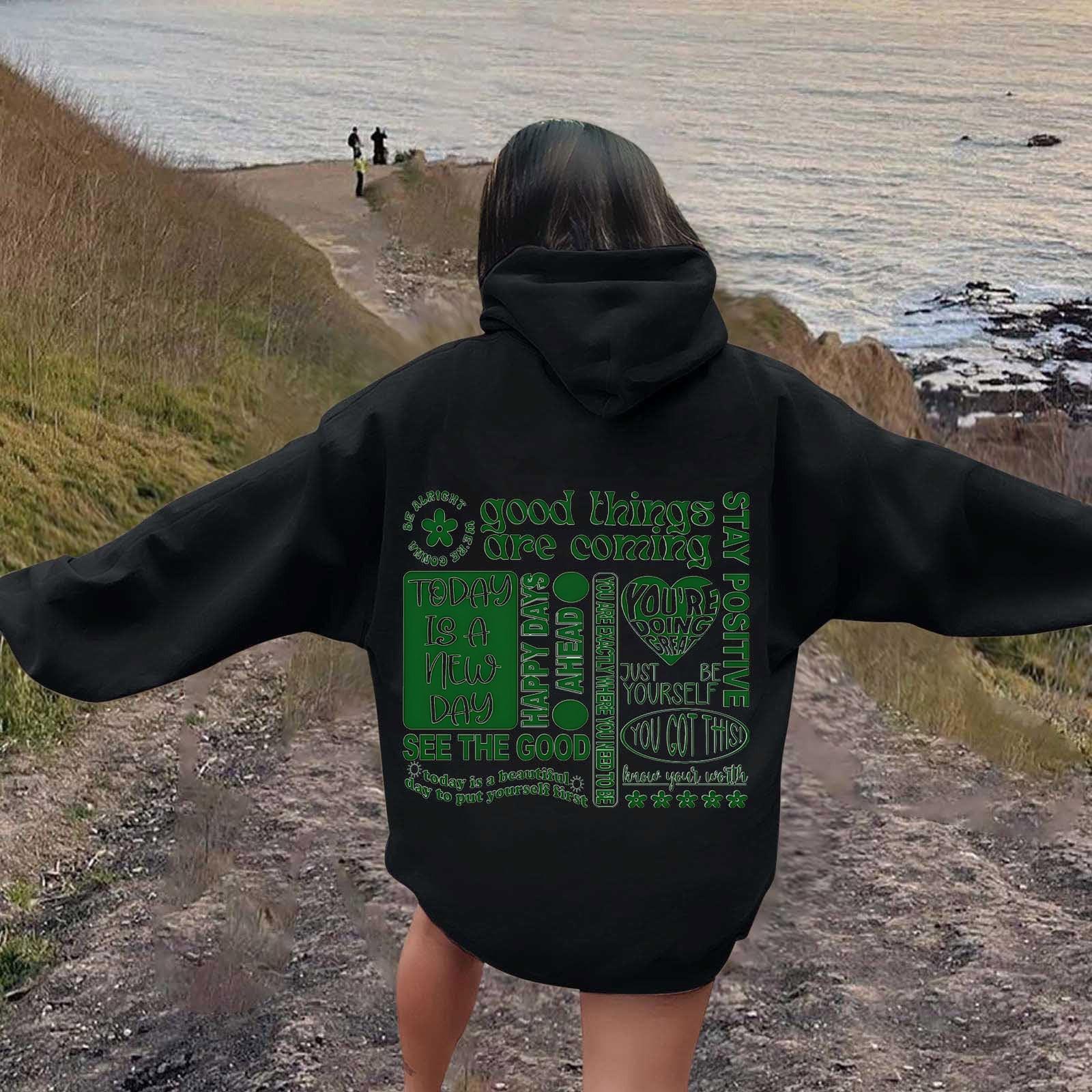 

Жіноча повсякденна толстовка з принтом і капюшоном з круглим вирізом і довгими рукавами XL чорний