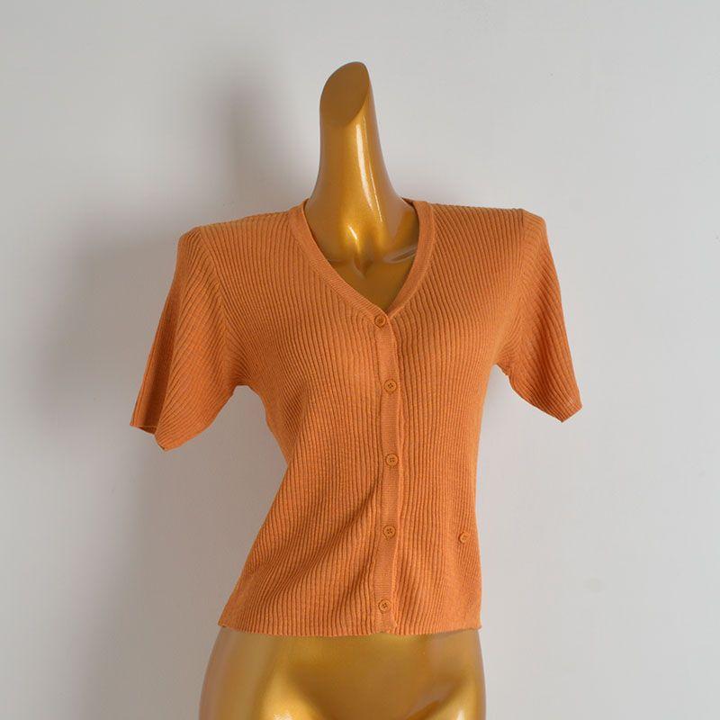 Summer New Arrival Pure Color Minimalist V-neck Single Breasted Ice Silk Knitted Cardigan Women's Clothing Loose Thin Short Sleeve Tops