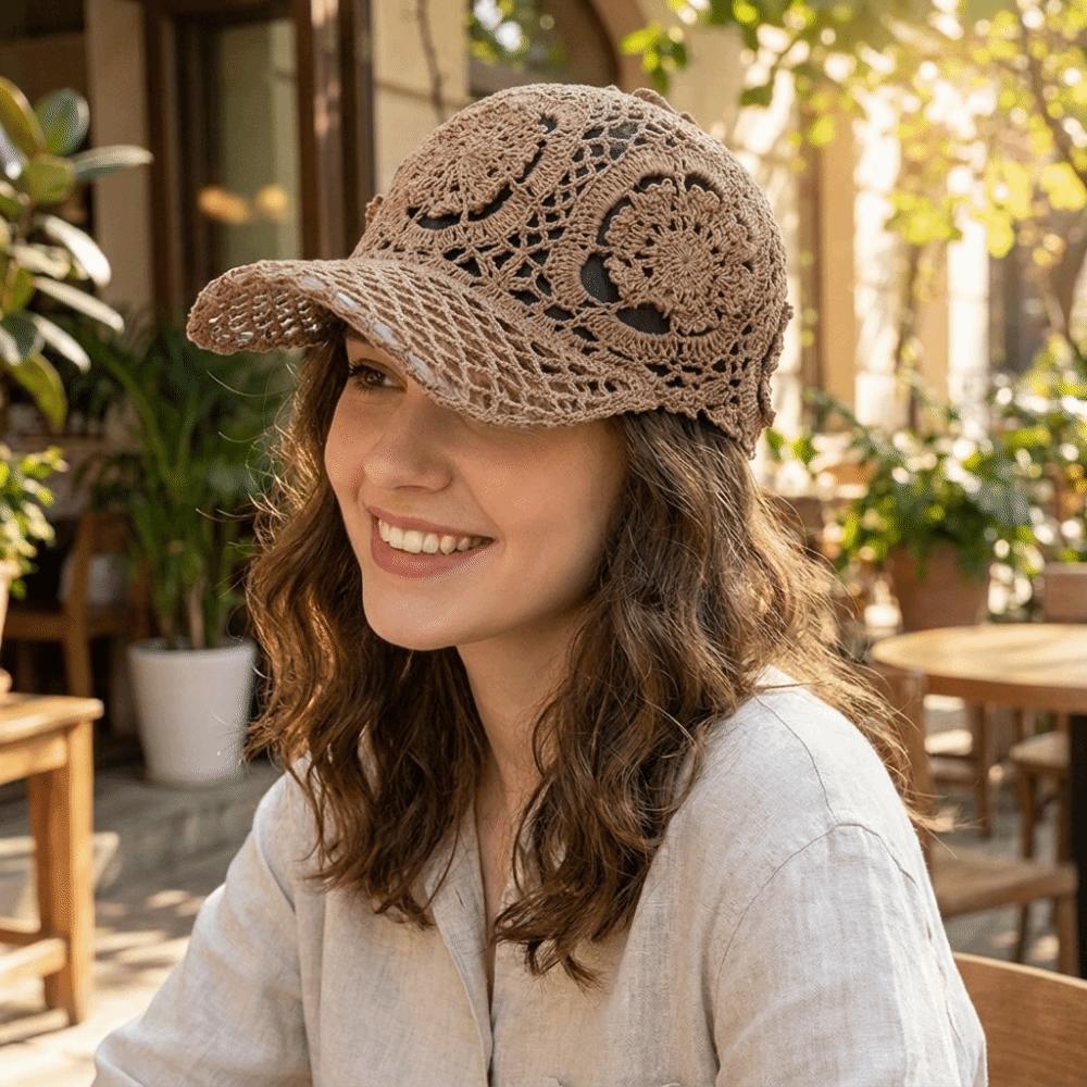 Fashion Adjustable Crochet Baseball Cap Floral Lace Polyester Sun Hat Lightweight Openwork Mesh Peaked Cap Sun Protection