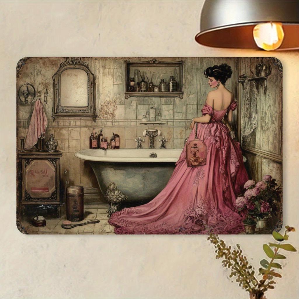 Metallschild im Vintage-Stil - Frau beim Anziehen im Badezimmer - Folienprägung Wandkunst für Heim- und Garagendekor, Eisenmaterial