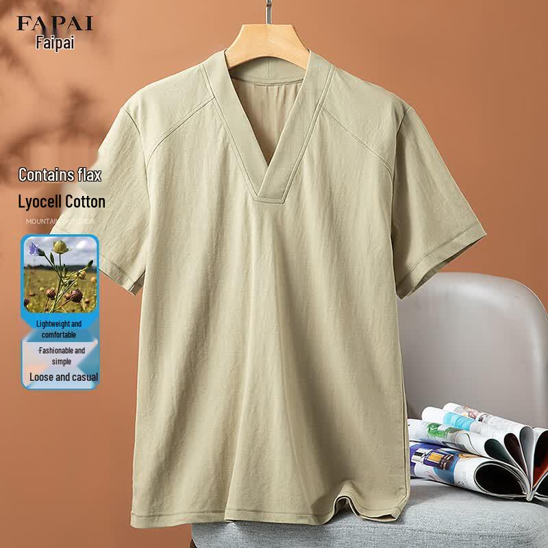 FAPAI Men s V-Neck Linen Blend Short Sleeve T-Shirt XL 52