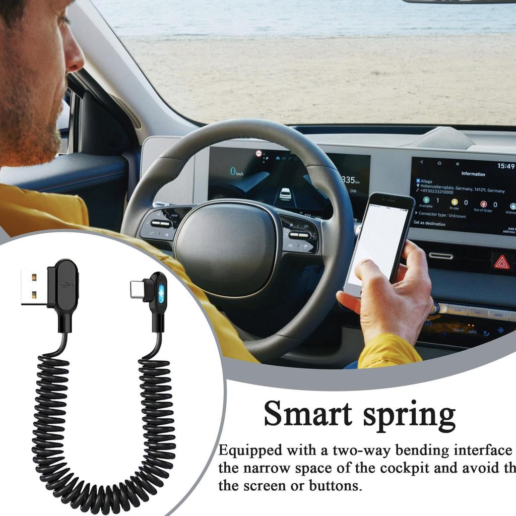 Auto Retractable Car Charger Cable with Night Light, Coiled Type C Cord for Truck RV Trailer Sedan Pickup Automotive