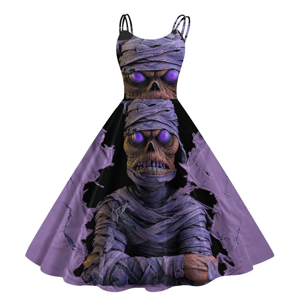 Women's Halloween Print Off-Shoulder Spaghetti Strap Dress