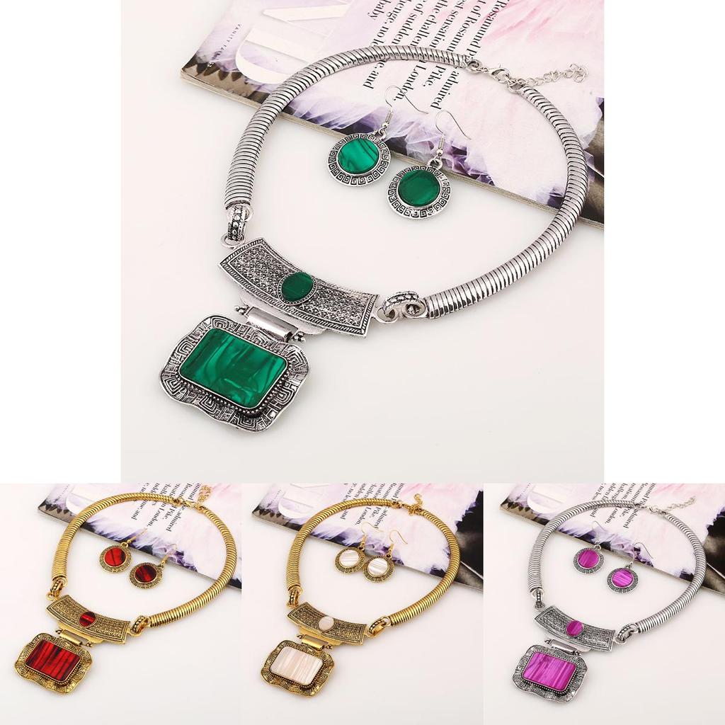 Geometric Alloy Necklace Earrings With Vintage Finish For Boho Fashion And Daily Wear