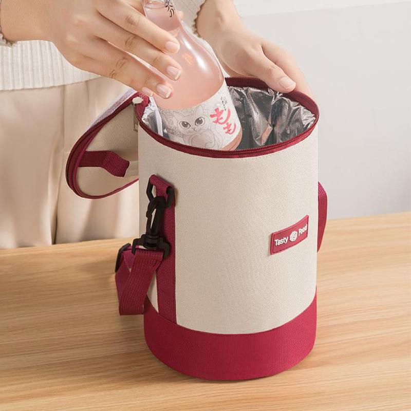 Sac de prânz portabil de mare capacitate, cutie de prânz izolată, cilindric, proaspăt, cutie rotundă din folie de aluminiu, geantă termică pentru alimente.