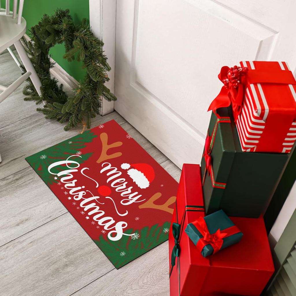 VIKAMA Christmas Happy Front Door Floor Mat Welcome Pad Indoor and Outdoor Anti-Slip Carpet Holiday Home Decoration