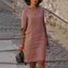 Damen Fünf-Ärmel V-Ausschnitt Retro Einfarbig Baumwolle Leinen Kleid