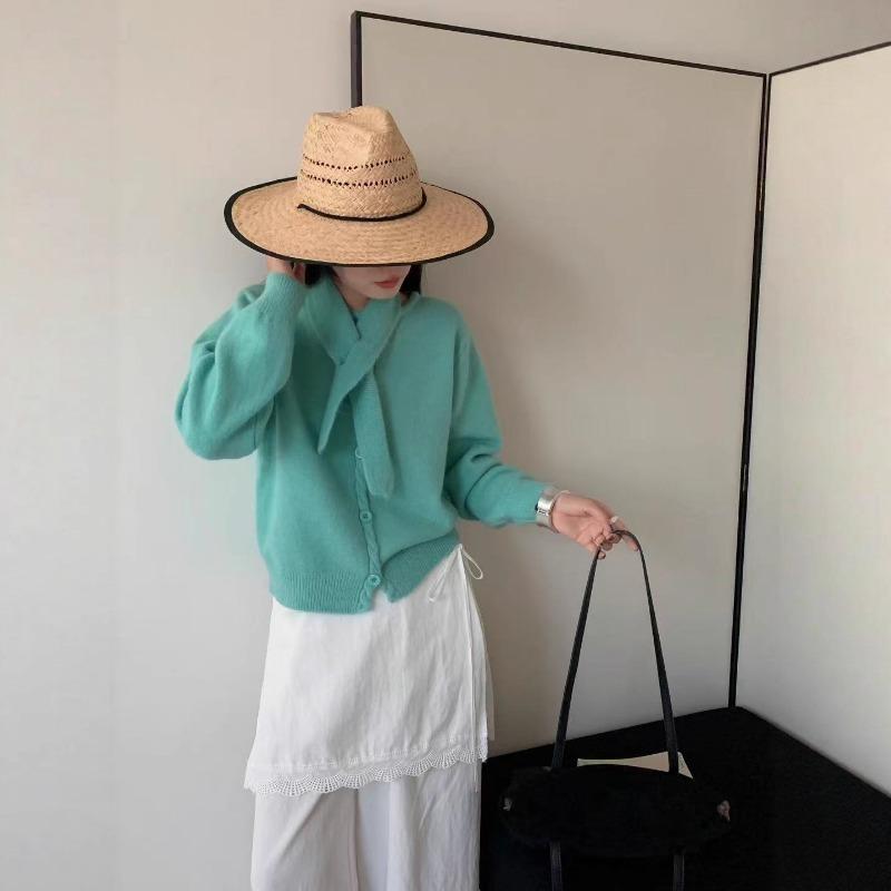 New Solid Color Simple Temperament Single-breasted Knitted Cardigan with Scarf Two-piece Women's Casual Jacket