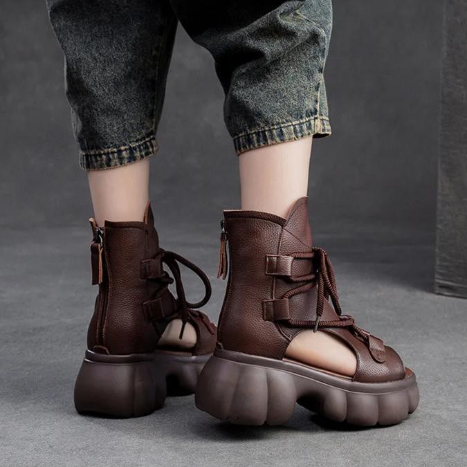Johnature Retro Hollow-out Peep Toe Roman Sandals Fashionable Front Lace Up Women's Platform Shoes