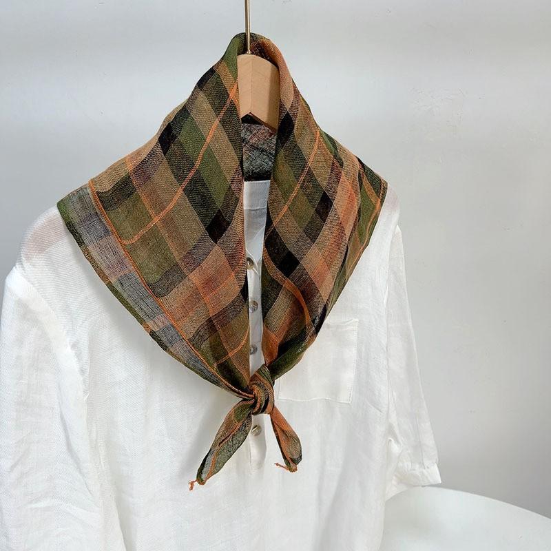 Literary And Elegant Yarn-Dyed Linen Plaid 70Cm Small Square Scarf, Neck Protection Japanese Simple And Versatile Small Scarf