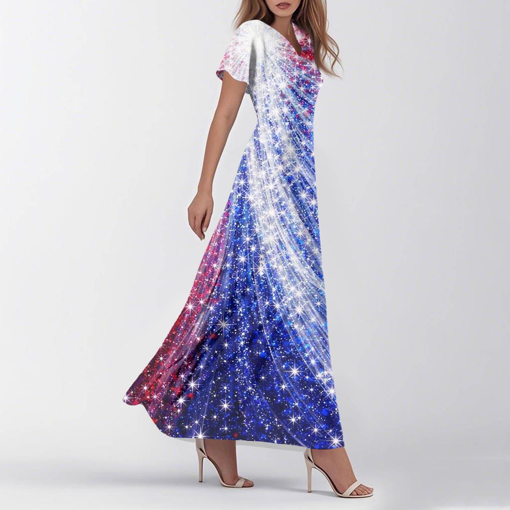 Women's Summer Casual Fashion Print Color Dresses V-Neck Short Sleeve Dresses