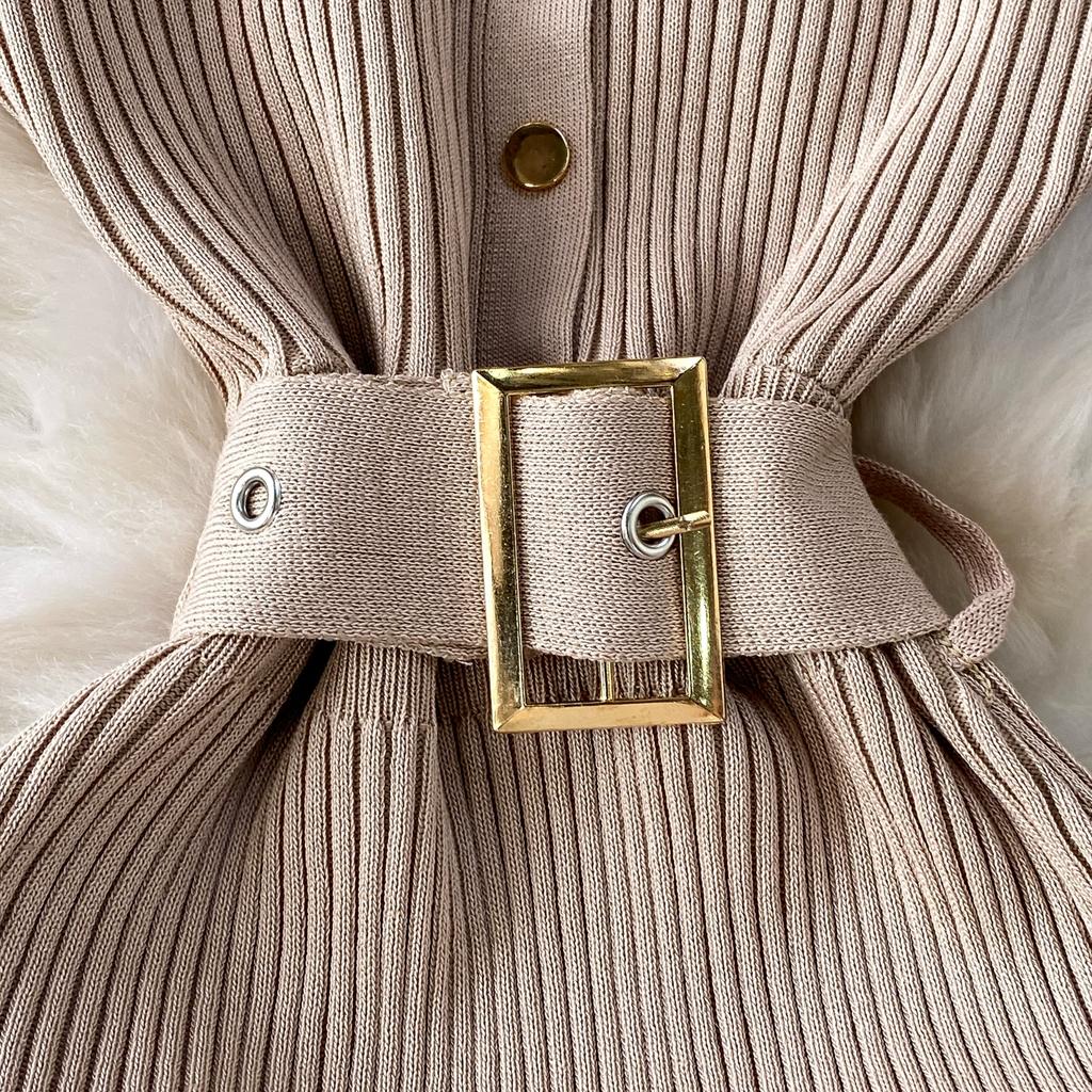 Spring Autumn Women Full Sleeve Knitted Sweater Office Work Slim Bodycon Pencil Dresses with Belt