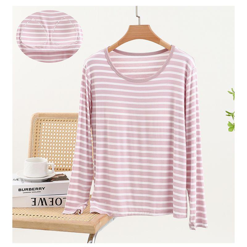 Thin Stripes Chest Pad T-shirt Long Sleeve Modal Bra-Free Undershirt Outwear Loose Easiest for Match Homewear Tops