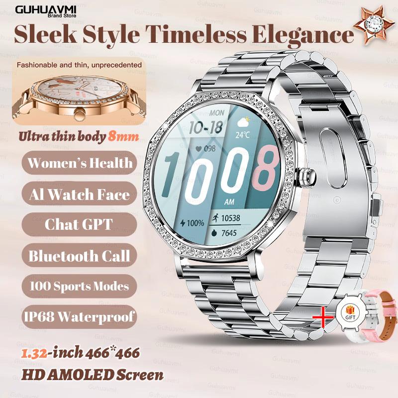 New Luxury Diamond Smart Watch For Women 8mm Ultra Thin Body Bluetooth Call Heart Rate IP68 Waterproof Smartwatch Rose Gold