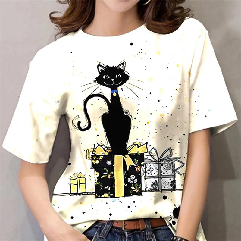 2025 T-Shirt For Women Kawaii Cat Print Tops Summer Oversized Tshirts Womens Clothes O-Neck Tees Female Clothing Fashion Blouse
