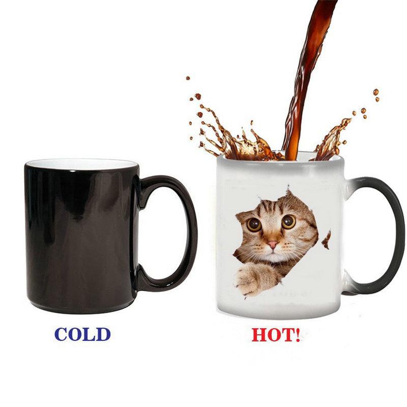 Heat Changing Cat Mug - Funny Ceramic Coffee Cup, Heat Sensitive Color Changing, Cute Xmas Gift for Women Men Kids