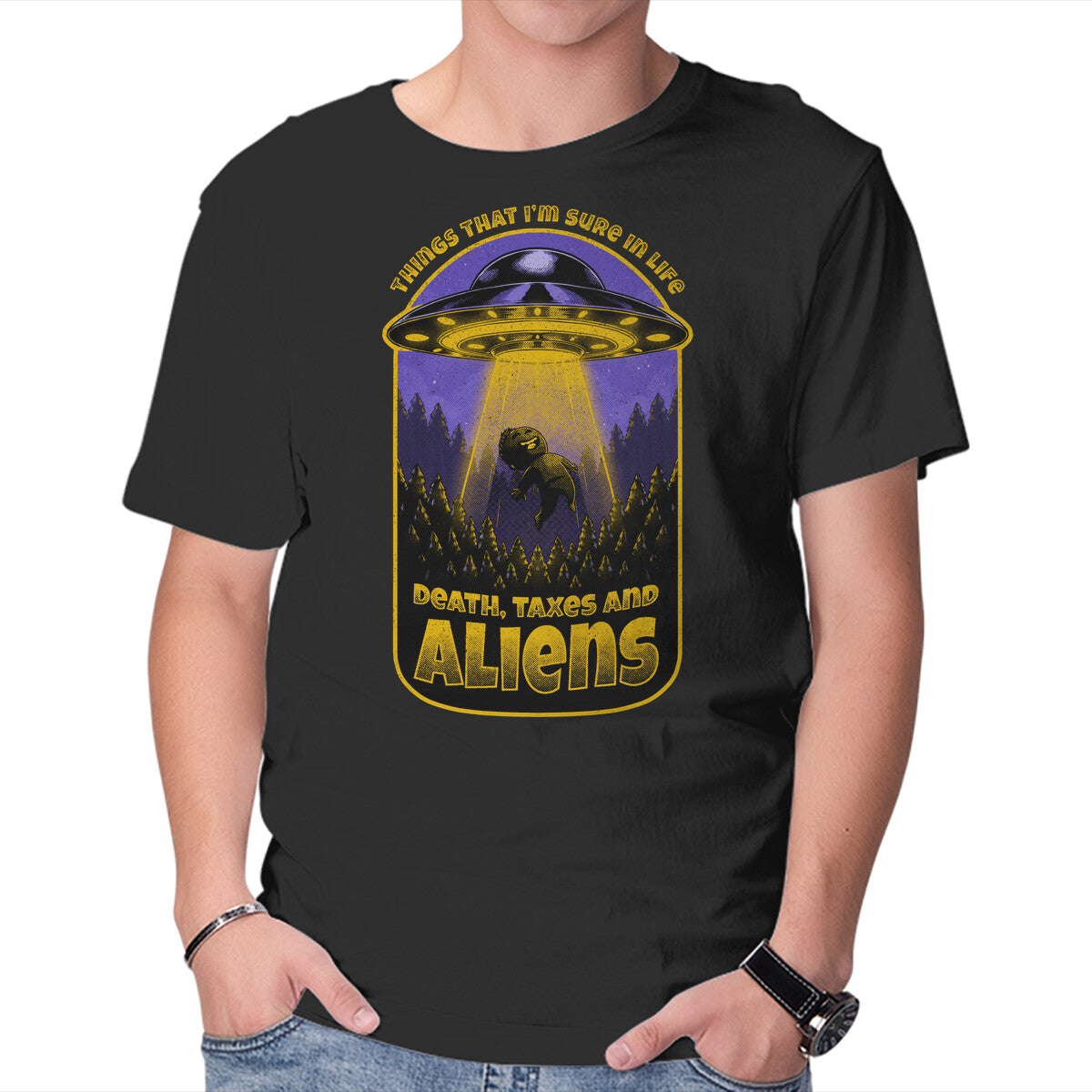 Unisex Crew Neck T-Shirt Death Taxes And Aliens Graphic Short Sleeve Casual Tee L