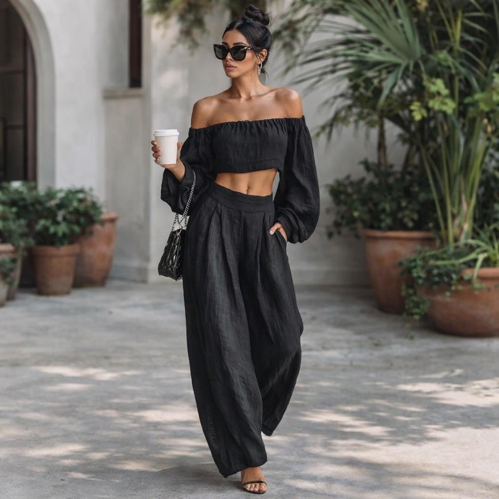 

women s Off‑The‑Shoulder Long Sleeve Crop Top & Wide Leg Long Pants 2 Piece Vacation Casual Set XS чёрный