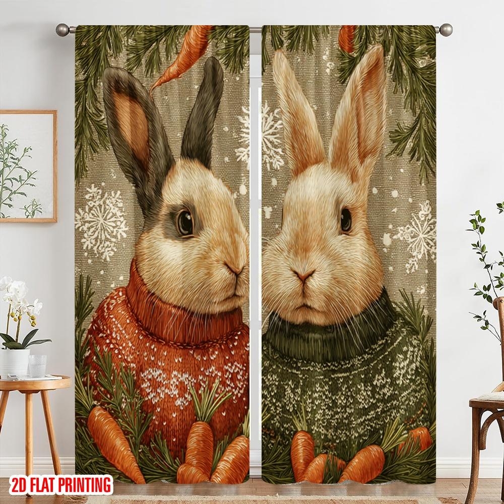 2pcs,2D Plane Printing Popular Curtain Panels Rabbit with Pine Branches & Snowflakes Versatile Durable Polyester (without Rod)