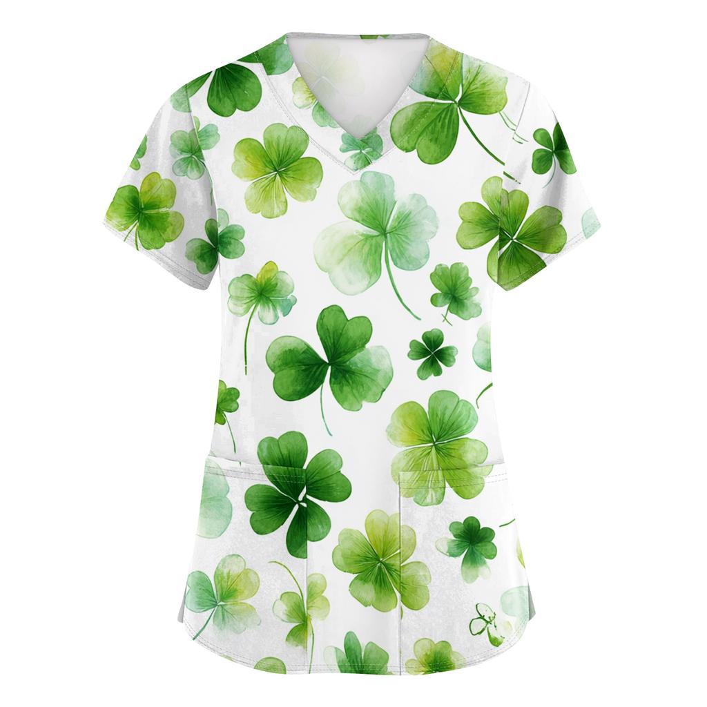 Women's V-neck St. Patrick's Day Printed Short-sleeved Pocket Side-slit Protective Suit Top