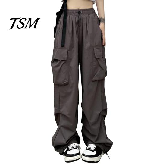 Trousers Women Cargo Pants Hip Hop Baggy Solid Color Multi Pockets Elastic Waist Match Top Loose Breathable Lady Clothes