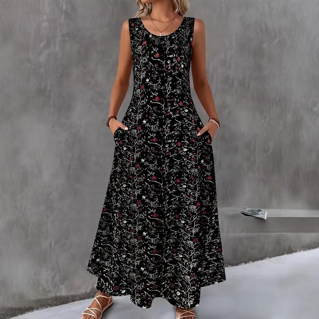 Women's Round Neck Sleeveless Floral Print Maxi Dress Loose Fit Mid Waist Elegant Casual Long Dress
