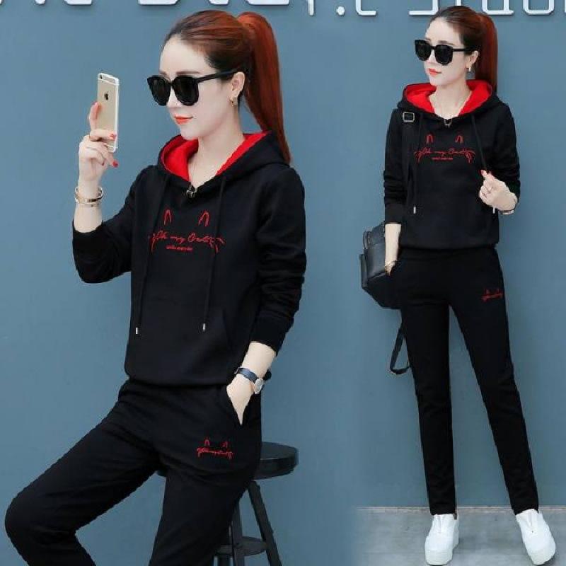 Embroidered Hooded Autumn Casual Sports Suit for Women Korean Style Loose Long-sleeved Student Two-piece Set