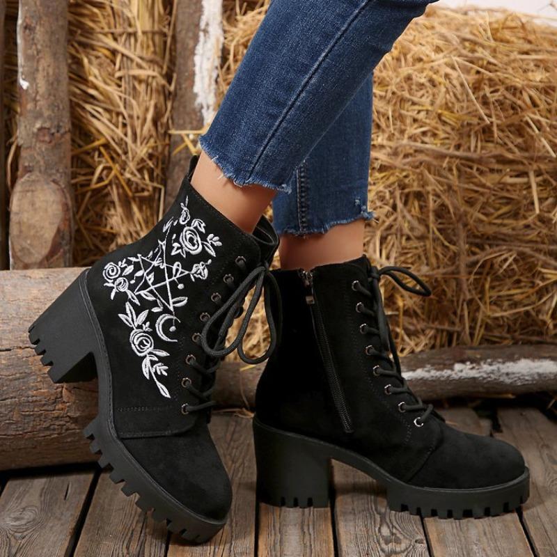 Women's Plus-Size Block Heel Embroidery Lace-Up Combat Boots - 2025 Autumn/Winter New, Wide Calf, Fashion Casual, Wholesale