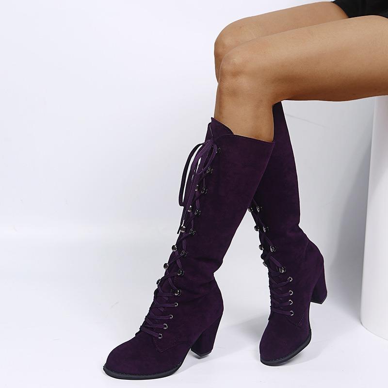 Women's Boots Suede Long Boots 2026 Retro Round Toe Mid-Calf Boots Solid Color Cowboy High Heels Lace Up Thick Heels Women Shoes